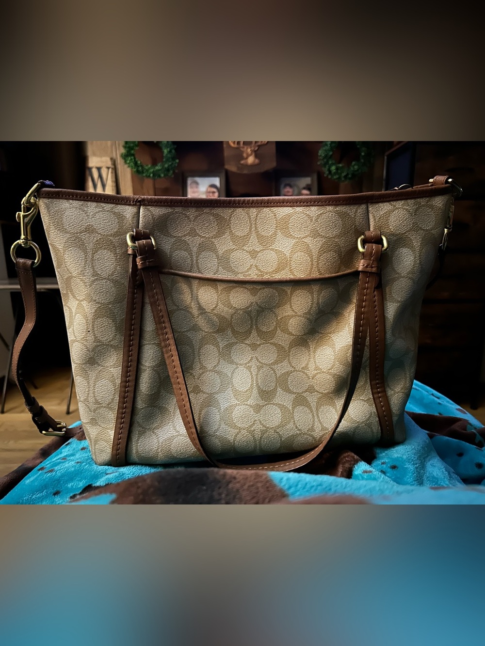 Coach Beige Peyton Signature Canvas Shoulder Bag with Brown Leather Trim - Picture 5 of 16